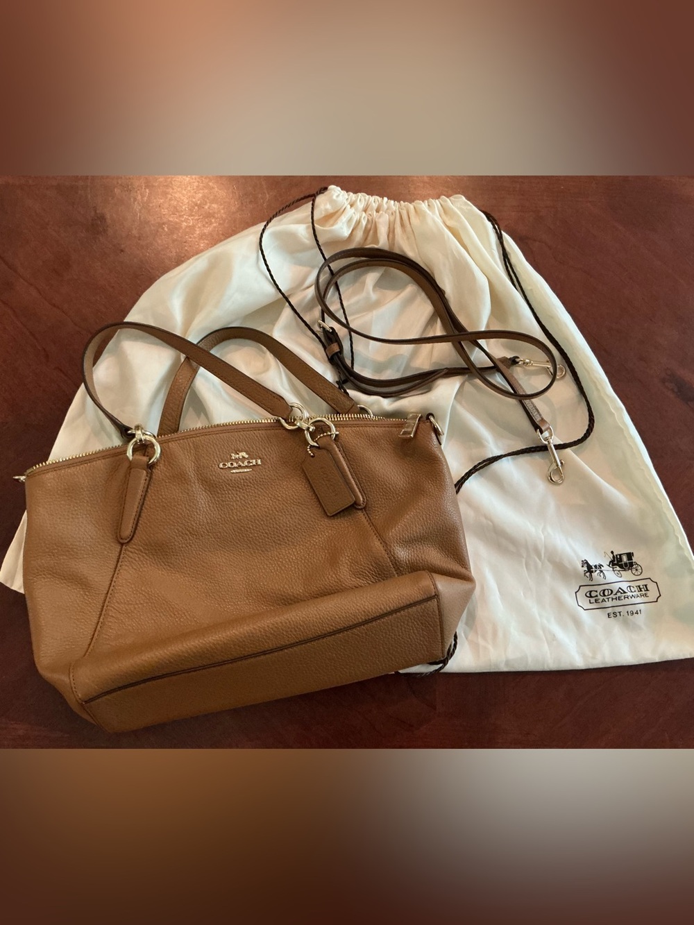 Coach Pebbled Leather Satchel in Brown with Gold Hardware